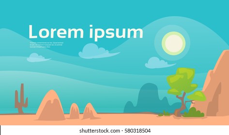 Deset Landscape Sand Mountines Sky Banner Flat Vector Illustration