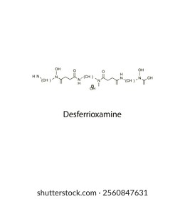 Desferrioxamine flat skeletal molecular structure chelator drug used in chronic iron overload treatment. Vector illustration scientific diagram.