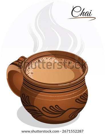 Desi Chai in Earthen Mug - Dhaba Style Indian Steaming Tea Detailed Illustration