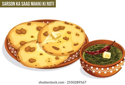 Desi Sarson Ka Saag and Makki Ki Roti Served in Earthen Pot and Plate with Butter. Indian Punjabi Food Detailed Illustration 