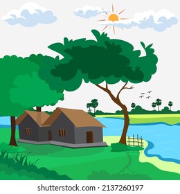 Desi Village beauty vector illustration  scenery background art in green trees and river, clouds in  sunny sky and small house of village 