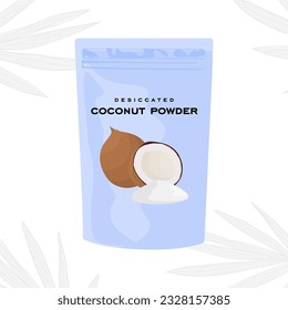 Desiccated coconut powder in blue bag with beautiful packaging. Coconut whole and half with leaves isolated on white background. coco powder in flat style. Exotic fruit vector illustration