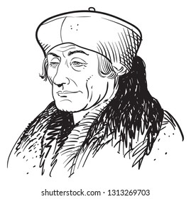 Desiderius Erasmus (1469-1536) portrait in line art illustration. He was a Dutch humanist who was the greatest scholar of the northern Renaissance, the first editor of the New Testament.