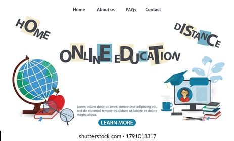 Design, 1 web page banner, on the theme of home school distance online education, using Internet technologies, flat vector illustration cartoon