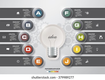 Design 10 steps with idea light blub template/graphic or website layout. 10 steps chart . Vector.