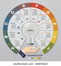 design 10 steps idea presentation with free space for data/sample text. With business man holding light bulb. EPS10. 