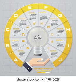design 10 steps idea presentation with free space for data/sample text. With business man holding light bulb. EPS10.