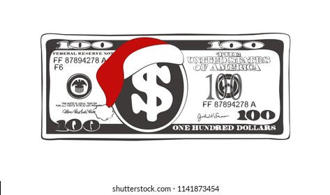 Design of 100 dollar with Santa Claus red hat. Christmas bill one hundred dollar in black and white colors. Template suitable for discount cards, leaflet, coupon, flyer, voucher. Vector illustration.