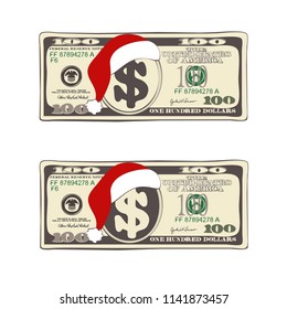 Design Of 100 Dollars With Santa Claus Hat. Set Of Christmas Bill One Hundred Dollars. Template Suitable For Discount Cards, Leaflet, Coupon, Flyer, Voucher. Vector In Flat Style. Isolated On White.