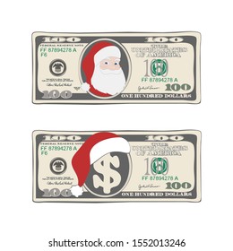 Design Of 100 Dollars With Santa Claus And Red Hat. Set Of Christmas Bill One Hundred Dollars. Template Suitable For Discount Cards, Leaflet, Coupon, Flyer, Voucher. Vector In Flat Style. Isolated.