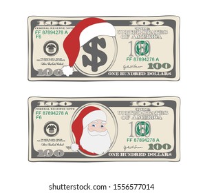 Design of 100 dollars with Santa Claus and red hat. Set of Christmas bill one hundred dollars. Template suitable for discount cards, leaflet, coupon, flyer, 