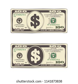 Design of 100 dollars. Set of bill one hundred dollars. Template suitable for discount cards, leaflet, coupon, flyer, voucher. Vector in flat style. Isolated on white.