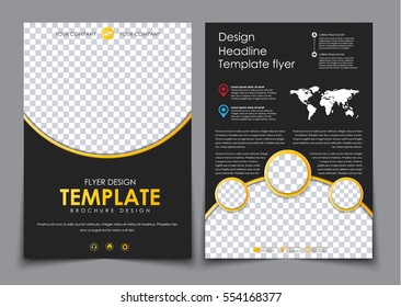 Design 2 Pages Of A4 Black With Yellow Elements. Flyer Template With Space For Photos And QR  Code, World Map And Contact Information. Vector Illustration