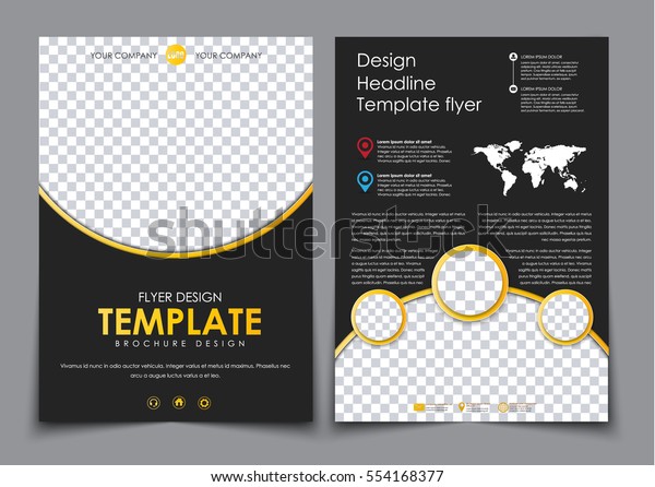 の黒い背景に黄色のエレメントを2ページにデザインします 写真 Qrコード ワールドマップ 連絡先情報用のスペースを含むチラシテンプレート ベクターイラスト のベクター画像素材 ロイヤリティフリー