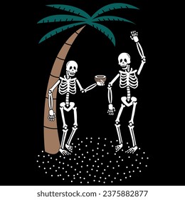 design of 2 surfer skulls sunbathing under a palm tree enjoying a coconut cocktail, fashion design.