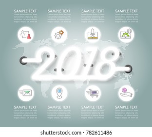 Design 2018  infographic 8 options,  Business concept infographic template can be used for workflow layout, diagram, number options, timeline or milestones project.