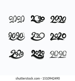 Design 2020 Set mit neun flachen Vektorvorlagen. Zahlen des Jahres 2020 in Schwarz.Frohes neues Jahr.