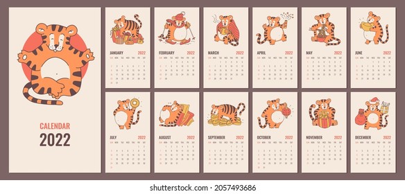 Design of 2022 calendar or planner with chinese new year symbol cute tigers. Vector editable template with cover, monthly pages and kids characters of tigris. Week starts on Sunday