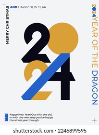 Diseño de afiches de Design 2024 Happy New Year. Concepto creativo de plantilla con el logotipo tipográfico 2024 para celebración y decoración navideña. Vector de moda minimalista para marca, portada, tarjeta, banner.