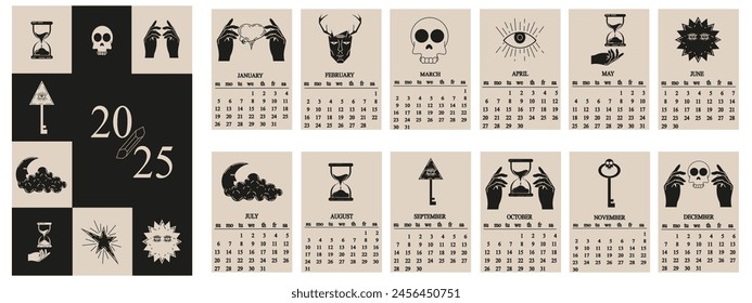 Design 2025 Calendar with sheets isolated white background. Template Masonic 2025 Calender in trendy Minimalism Mystical style. Illuminaty Symbol set. Tarot Y2K Geometry vector aesthetic 