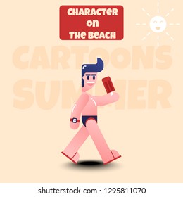 Design 2d character man active. concept happy on the beach. The concept of men having happiness activities on the beach. Style vector - illustration. isolated, flat.