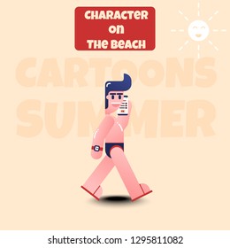Design 2d character man active. concept happy on the beach. The concept of men having happiness activities on the beach. Style vector - illustration. isolated, flat.