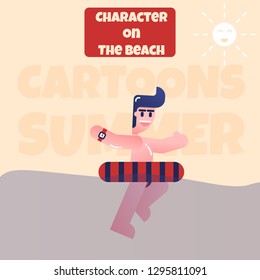 Design 2d character man active. concept happy on the beach. The concept of men having happiness activities on the beach. Style vector - illustration. isolated, material.