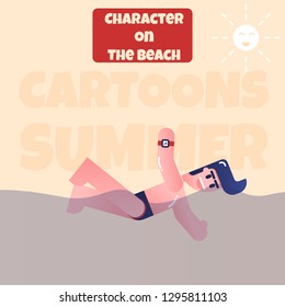 Design 2d character man active. concept happy on the beach. The concept of men having happiness activities on the beach. Style vector - illustration. isolated, material.