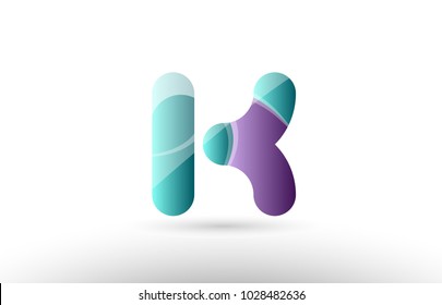 Design of 3D alphabet letter k logo with green glossy purple pastel color suitable as an icon for a company or business