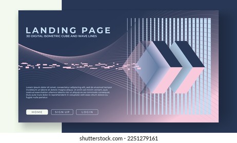 design 3d digital cube and wave lines abstract background for landing page website ui ux