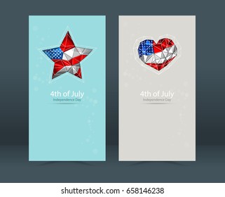 Design 4th of July, American Independence Day. Set of postcards to the national holiday of America, symbol, vector element abstract heart, star, polygon style.