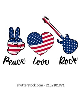 Peace Love America Patriotic Design. 4th of July Patriotic Symbols. Stars and Stripes. Heart, Peace, Love, Sunflower. Independence day symbol with US Flag and guitar. Vector illustration
