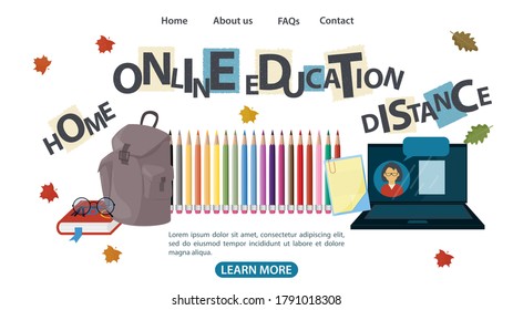 Design, 5 web page banner, on the theme of home school distance online education, using Internet technologies, flat vector illustration cartoon
