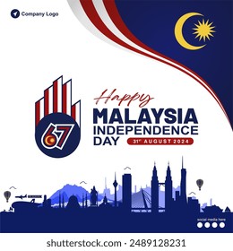 Design of 67th Malaysia Independence Day 2024 poster, banner, background, greeting card, template. Design with 67 logo, landmarks and social media spot. Malaysia vector illustration