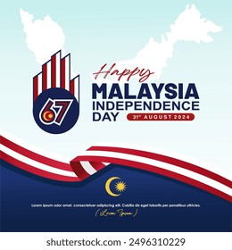 Design of 67th Malaysia Independence Day 2024 greeting card, poster, banner, background, template. Design with 67 logo, malaysia map, flag and quotes. Malaysia Hari Merdeka 2024 vector illustration