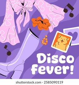 Design of 80s, 90s party card. 1980 nostalgia event advertising template. Promotion of 1980s disco in club. Invitation to costumed discotheque with retro style dress code. Flat vector illustration