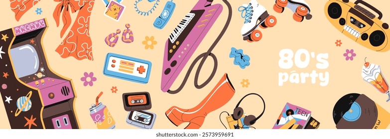 Design of 80s party banner. Template of 1980 nostalgia event advertising. 1980s items, accessories in retro style, cassettes, game machine, vinyl, tape recorder on layout. Flat vector illustration