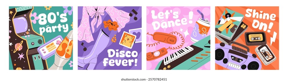 Design of 80s party cards set. Templates of 1980 nostalgia event. Disco 1980s promotion, invitation. Discotheque in retro style with cassettes, game machine, tape recorder. Flat vector illustrations