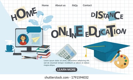 Design, 9 web page banner, on the theme of home school distance online education, using Internet technologies, flat vector illustration cartoon