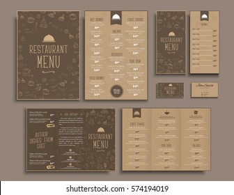 Diseño de menú A4, folletos plegables, volantes y tarjetas de visita para restaurante o cafetería. Las plantillas en estilo retro marrón con dibujos a mano. Establecer. Ilustración vectorial.