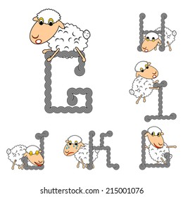 Design ABC with funny cartoon sheep. Letters from G to L. Strip twisting lines textured font. Vector-art illustration
