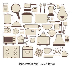 design about cookware icons that contain pans, ovens, blenders and much more