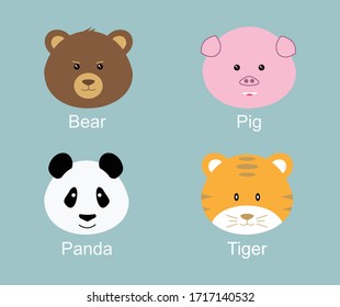 diseño de cuatro lindos animales: oso, cerdo, panda, tigre