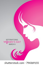 Design about International Women's Day with a drawing of a woman face with pink hair on gray background. Vector image