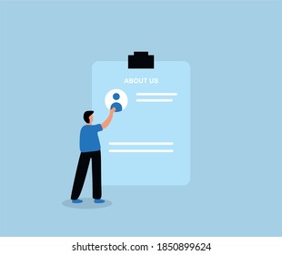 design about the person holding the about us board