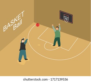 un diseño sobre dos personas jugando baloncesto, uno de los cuales es arrojar y uno de ellos protegiendo la defensa