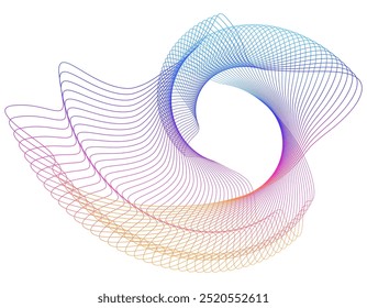 Elementos de design. Onda de muitas linhas roxas anel círculo. Listras onduladas verticais abstratas sobre fundo branco isolado. Ilustração vetorial EPS 10