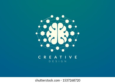 Design abstract brain shape logo with technology style. Simple and modern vector design for business brand in the field of digital technology, network, internet, media, data, electronic, software