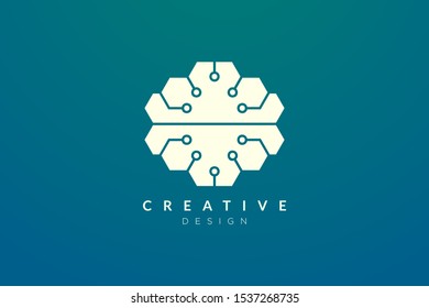 Design abstract brain shape logo with technology style. Simple and modern vector design for business brand in the field of digital technology, network, internet, media, data, electronic, software