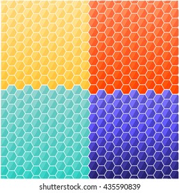 Design of abstract  geometric background form of honeycombs with polygonal elements.  Design of  background with yellow, blue, dark blue, orange polygonal elements. 